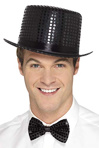 Black sequined top hat worn by a smiling man with a bow tie.
