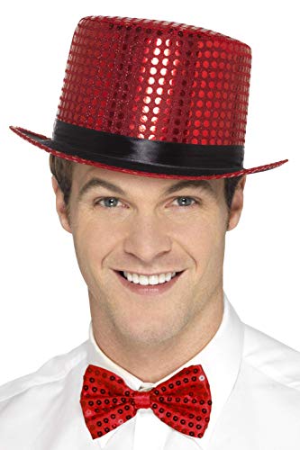 Red sequin top hat worn by a man with a bow tie.
