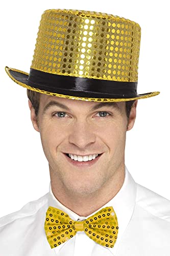 A man wearing a gold sequin top hat with a black band and bow tie.