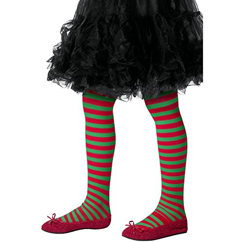 Child’s red and green striped tights with sparkly red shoes.