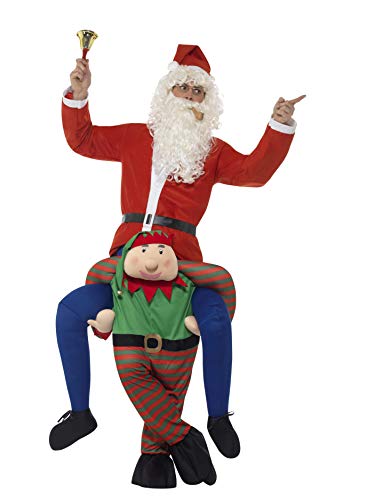 Person in a piggyback Santa costume with a green elf on their back.