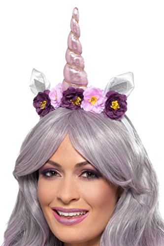 "Woman wearing a lavender wig and a unicorn headband with floral details and horn."