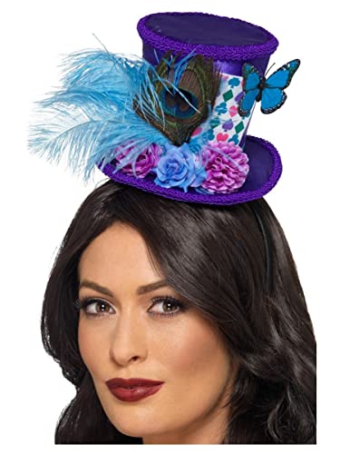 Purple mini top hat with feathers, flowers, and a butterfly.