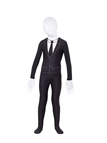 Black and white slender man costume for a child, full body suit.