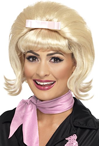 A blonde wig with bangs and a pink ribbon on a woman's head.