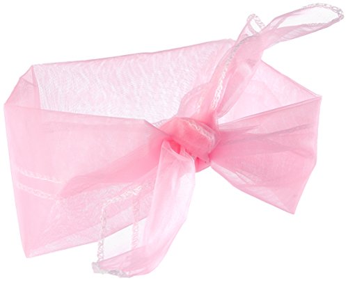 A woman wears a pink chiffon neck scarf tied loosely around her neck.