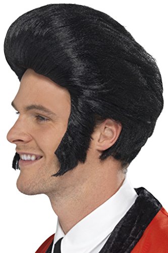 Black 1950s style quiff wig with sideburns on a male head.