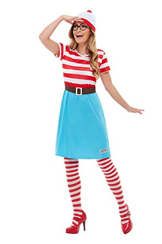 Woman in a red and white striped Wenda costume with blue skirt.