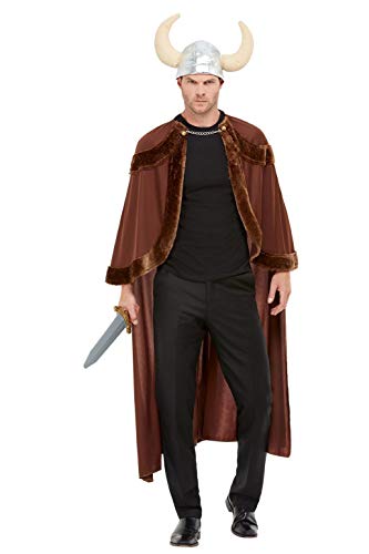 Man wearing a brown Viking costume with horned helmet and sword.