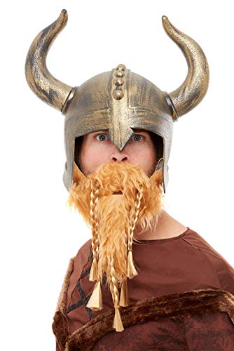 A man wearing a gold Viking helmet with horns and a long braided beard.