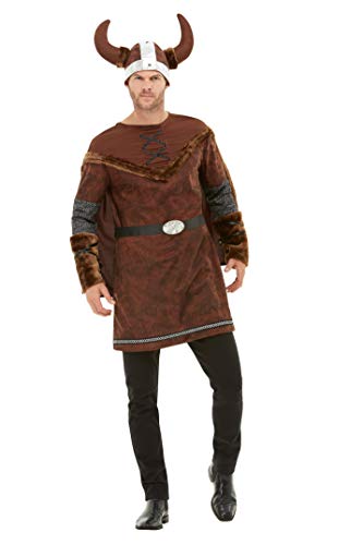 Man wearing a brown Viking barbarian costume with horned helmet.