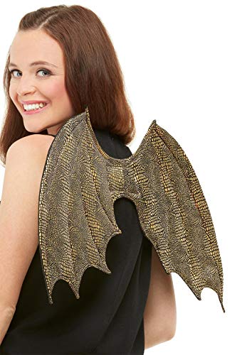 A woman wearing gold dragon scale patterned costume wings on her back.