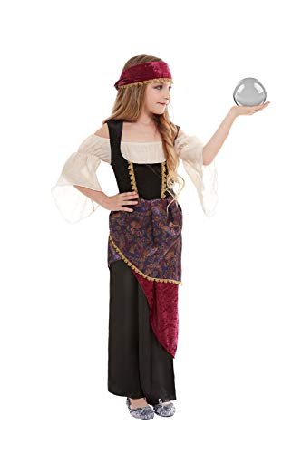 Girl in a multi-coloured fortune teller costume holding a crystal ball.