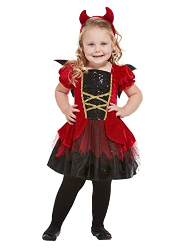 Toddler girl in a red devil costume with horns and wings.