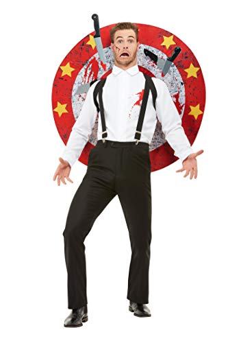 Man in knife throwing costume with knives stuck in target.