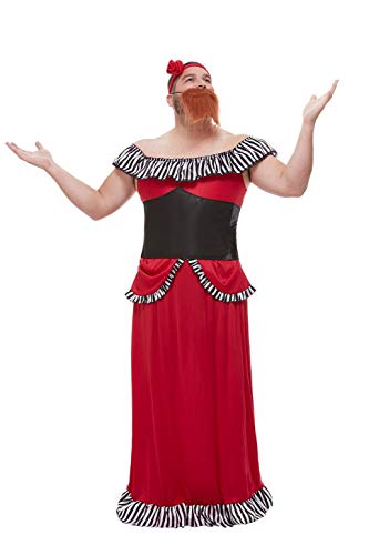 Man wearing red bearded lady costume with black waist and striped trim, arms raised.
