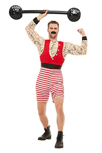 Man wearing red and white striped strongman costume, holding a large black dumbbell overhead.