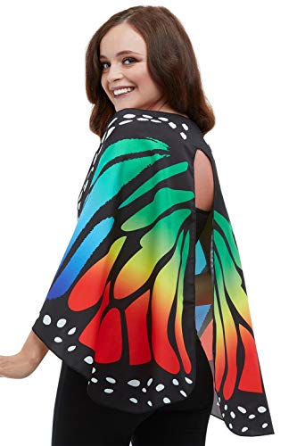 A woman wearing a black cape featuring a colorful, rainbow-gradient butterfly wing pattern.