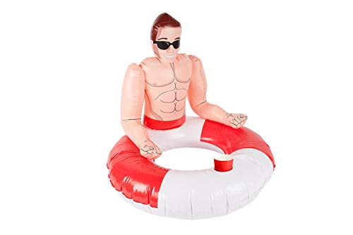Inflatable lifeguard figure wearing sunglasses attached to a red and white swim ring.