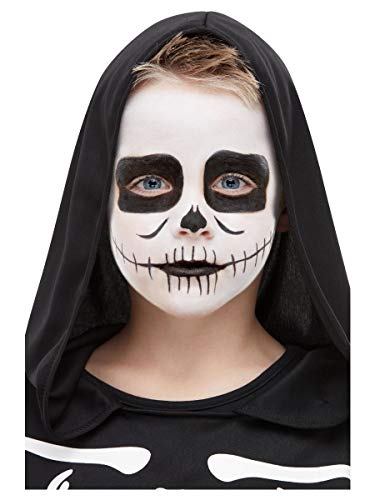 Child wearing a black hooded cloak with white and black skeleton face paint.