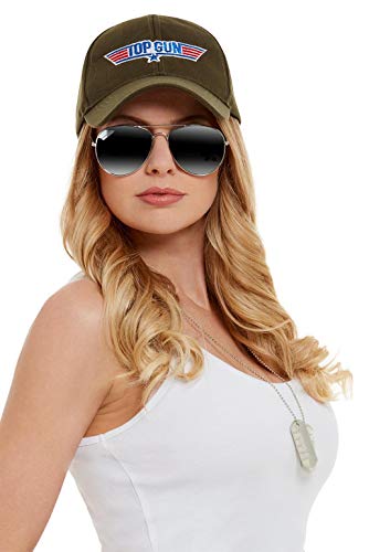Khaki Top Gun cap and aviator sunglasses worn by a model.