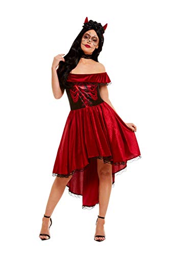 Red Day of the Dead devil costume with skull makeup, size 12-14.