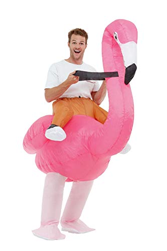 A man wearing an inflatable pink flamingo costume that makes it look like riding.