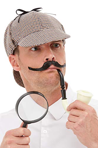 A man wearing a deerstalker hat and fake mustache, holding a pipe and magnifying glass.