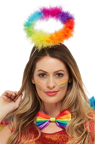 Rainbow feather halo headband worn by a person with rainbow face paint.