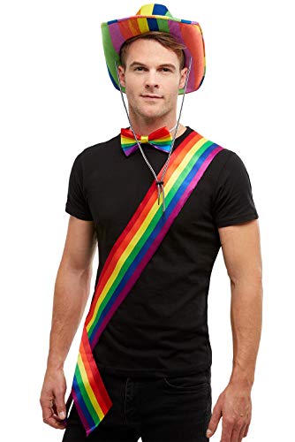 Man wearing a rainbow sash, bow tie, and cowboy hat.
