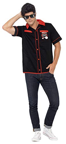 Man wearing a black and red 1950s style bowling shirt.