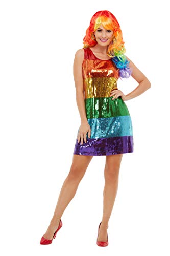 Woman wearing a rainbow sequined mini dress and a matching rainbow wig.