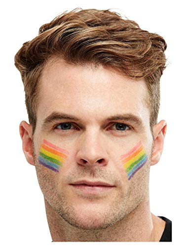 A man with a rainbow stripe painted on each cheek.