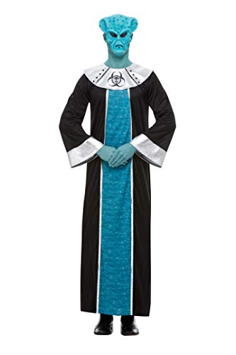 Blue alien costume with black robe and silver trim, full body view.