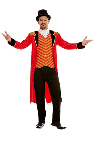 Man wearing a red Ringmaster costume with black pants and top hat.