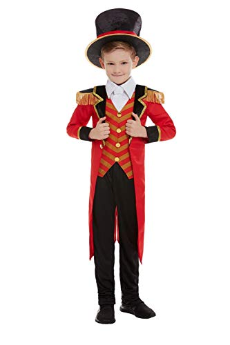 Boy in a red and black ringmaster costume with a top hat.