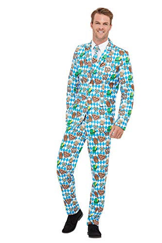 Man wearing a blue suit with an Oktoberfest pattern, white shirt, and black shoes.
