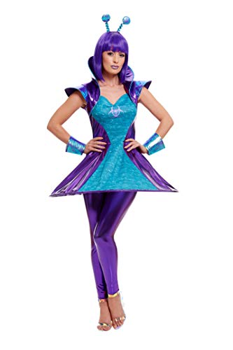 Woman in a shiny purple and teal alien costume with antennae.