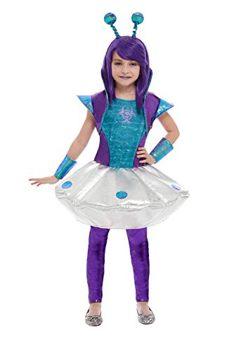 Girl in purple and blue alien costume with silver skirt and antennae headpiece.