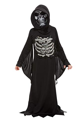 Boy in a black skeleton reaper costume with a skull mask.