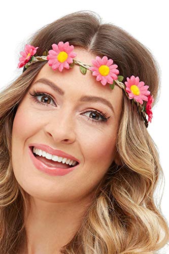 Woman wearing a colourful daisy chain headband, pink and yellow flowers.