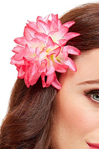 Pink tropical flower hair clip worn in brown hair, close-up.