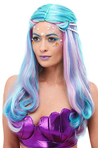 Long blue and purple mermaid wig on a model with shell makeup.