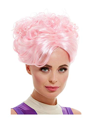 Woman modeling a curly, bright pink wig with side bangs.