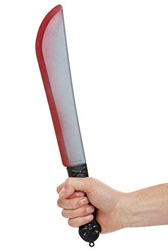 Silver plastic knife prop with red simulated blood, held in a hand.