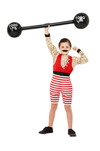 Child wearing a strongman costume with fake tattoos, mustache, and a toy barbell.