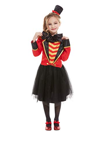 Girl in a red and black ringmaster costume with top hat.