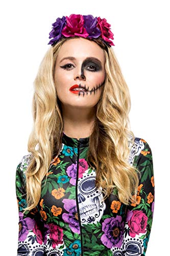Woman with Day of the Dead makeup wearing a floral rose headband.