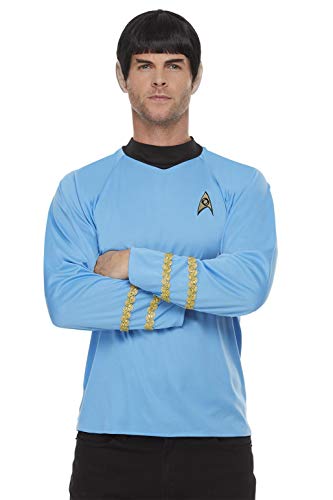 Man wearing a blue Star Trek science uniform with gold detailing.