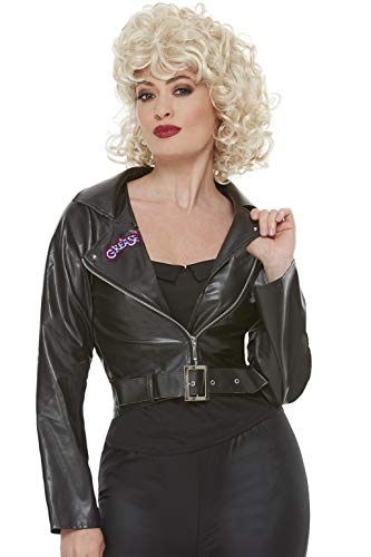 A woman with blonde curly hair wearing a black faux leather Grease T-Birds jacket.